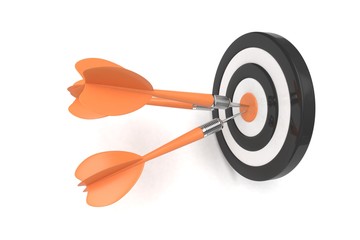 Three arrows darts in center. 3d rendering.