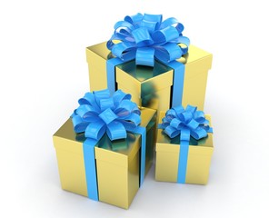 three gift boxes with bows isolated on white. 3d rendering.