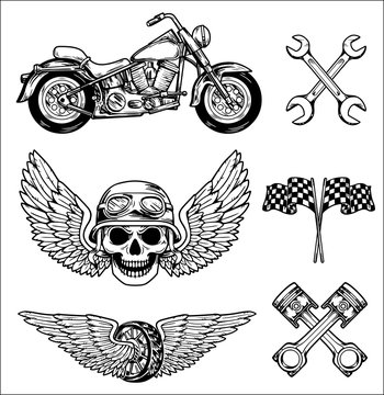 Vector biker set Hand drawn elements Repair Garage Motorcycle Biker Rider Freedom