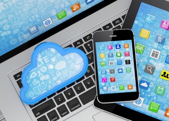 laptop, tablet pc, smart phone and cloud. 3d rendering.