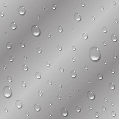 Water drops on a metal background. Rain condensation on a bright steel, iron, aluminum surface template. Liquid droplets. Light clean dew, rainy day, abstract techno vector illustration.