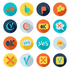 Check mark icons set in flat style. Yes and No buttons set collection vector illustration