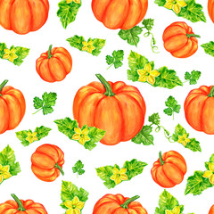 Pumpkin, flowers and leaves watercolor painting illustration isolated on white background, Hand drawn seamless pattern, Series food ingredient for cooking, restaurant menu, cafe, symbol autumn holiday