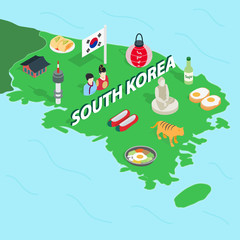 South Korea map in isometric 3d style. Symbols of Korea set collection vector illustration