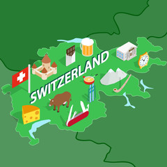 Switzerland map in isometric 3d style. Symbols of Switzerland set collection vector illustration