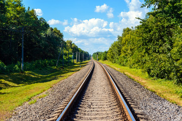 Fototapeta na wymiar The railway goes to horizon, on both sides of the green dense forest.