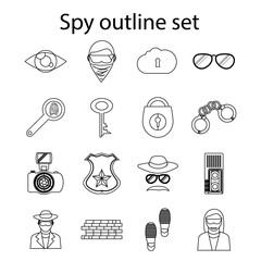 Spy icons set in outline style. Detective and security eelements set collection vector illustration