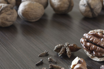 Walnuts on a dark background