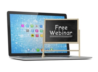 Laptop with chalkboard, free webinar, online education concept. 3d rendering.