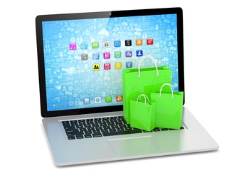 laptop and  shopping pags on white background. 3d rendering.