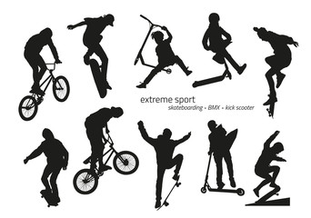 Fototapeta na wymiar Extreme sport silhouette - skateboarding, kick scooter, BMX. Vector illustration
