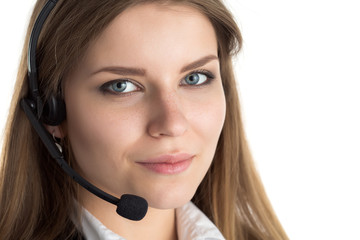 Portrait of young beautiful call center worker