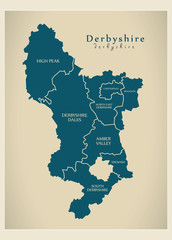 Modern Map - Derbyshire county with districts detailed UK