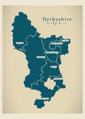 Modern Map - Derbyshire county with districts UK