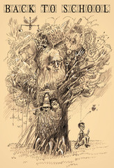 Back to school poster.Tree of Knowledge.The scientist makes discovery. Metaphor of scientific thought. Pencil drawing