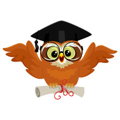Obraz premium Vector Illustration of an Owl wearing graduation cap and holding diploma while flying
