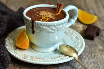 Homemade hot chocolate with orange and cinnamon.