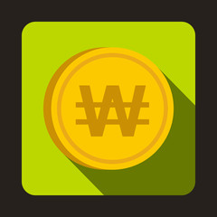 Coin won icon in flat style with long shadow. Monetary currency symbol