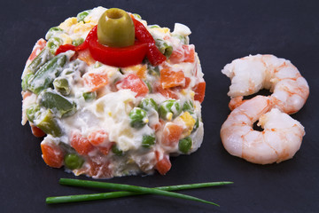 vegetable salad and seafood in a bowl