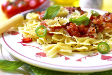 Pasta farfalle with tomato sauce.