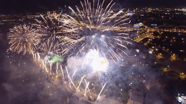 Great firework show in Moscow Russia near MSU Moscow State University. Unique close aerial view, flight inside, quadcopter drone footage. Beautiful colors from above. 4K footage.