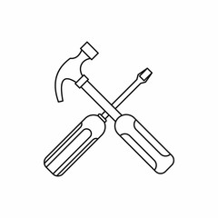 Hammer and screwdriver icon in outline style isolated on white background. Repair symbol