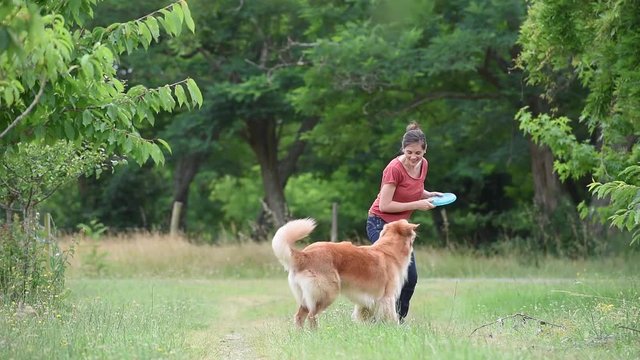 Woman playing with throwing frisbee to dog