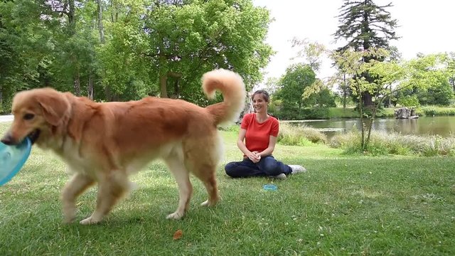 Woman and dog playing with frisbee a the park