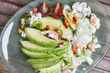 avocado salad mix with cherries and prawns