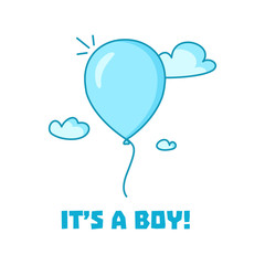 It's a boy-baby shower invitation card design. Greeting card with a blue flying balloon. Vector illustration for your design.