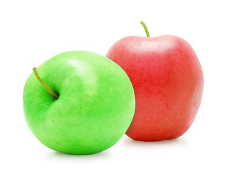 Two fresh green and red ripe apples with stem on white background. Design element for product label, catalog print, web use.