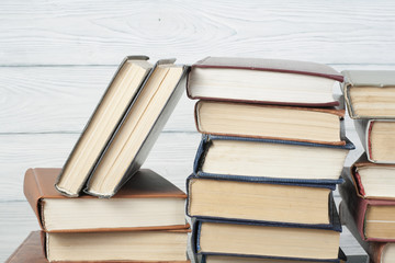 Stack of colorful books. Education background. Back to school. Copy space for text.