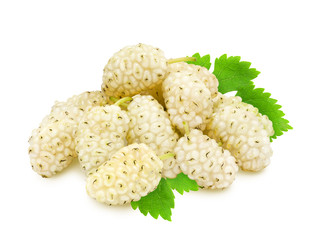 Heap of fresh ripe white mulberry berries with leaves isolated on white background. Design element for product label, catalog print, web use.