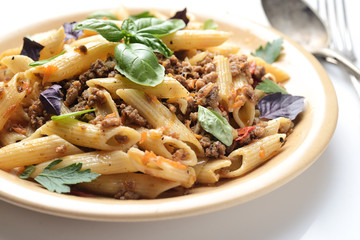 pasta with meat and basil on a plate on a white background