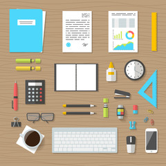 Workplace collection concept of office things, equipment and mobile devices, finance and marketing objects. Modern design flat icon with long shadows - vector illustration