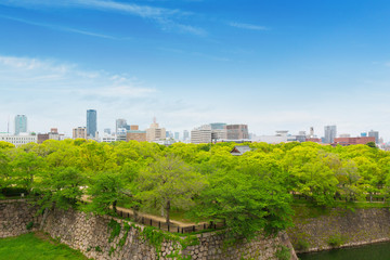 Fototapeta na wymiar Wall outside of Osaka castle is historic landmark in osaka