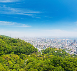 Kobe cityscape and skyline with port view from mountain.