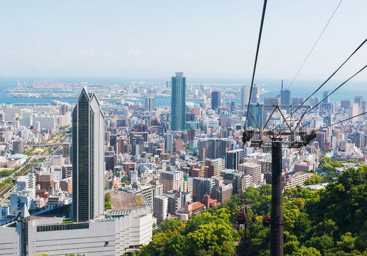 Kobe cityscape skyline and port with cable car view from mountai