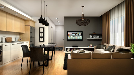 KITCHEN AND LIVING ROOM DESIGN 3D RENDER