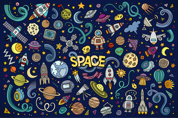 Colorful vector hand drawn doodles cartoon set of Space objects 