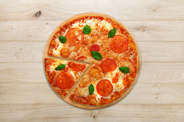 Delicious italian vegetarian pizza Margherita top view at wood