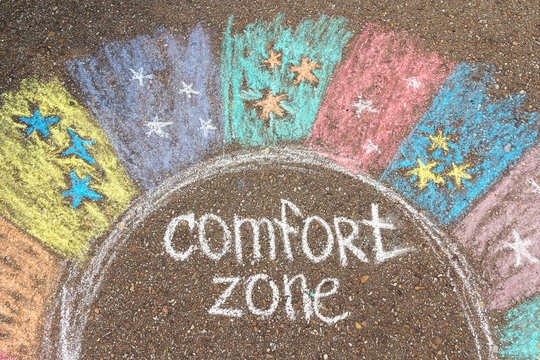 Comfort zone concept. Comfort zone circle surrounded by rainbow