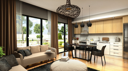 KITCHEN AND LIVING ROOM DESIGN 3D RENDER