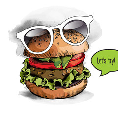Poster with image of a Burger in a glasses. Vector illustration.