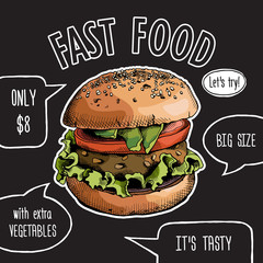 Menu with image of a Burger. Vector illustration.