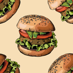 Seamless pattern with image of a Burger. Vector illustration.