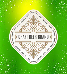 Beer label with flourishes emblem on a green beer glass background - vector illustration