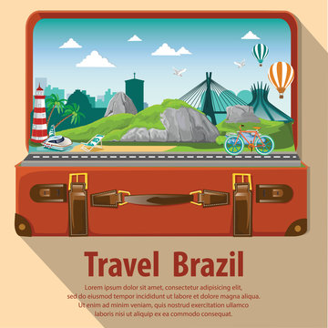 Travel the world by plane. Travel and Famous Landmarks. Brazil. Travel around brazil . open suitcase go to brazil