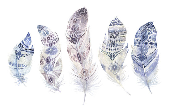 Hand drawn watercolor paintings vibrant feather set. Boho style
