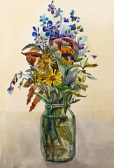 A bouquet of wild flowers in a glass jar.Watercolor.